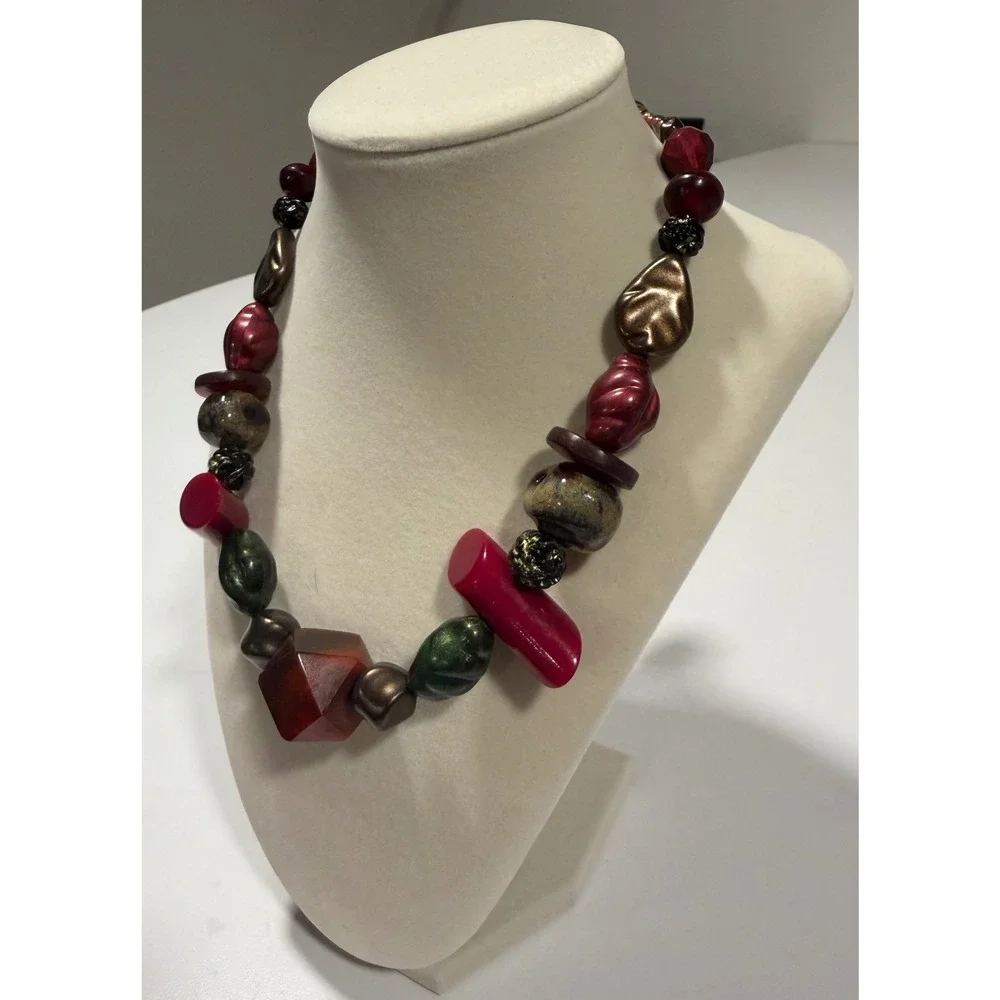 Teresa Goodall Chunky Artisan Bead Necklace Red Green Bronze Statement Jewelry